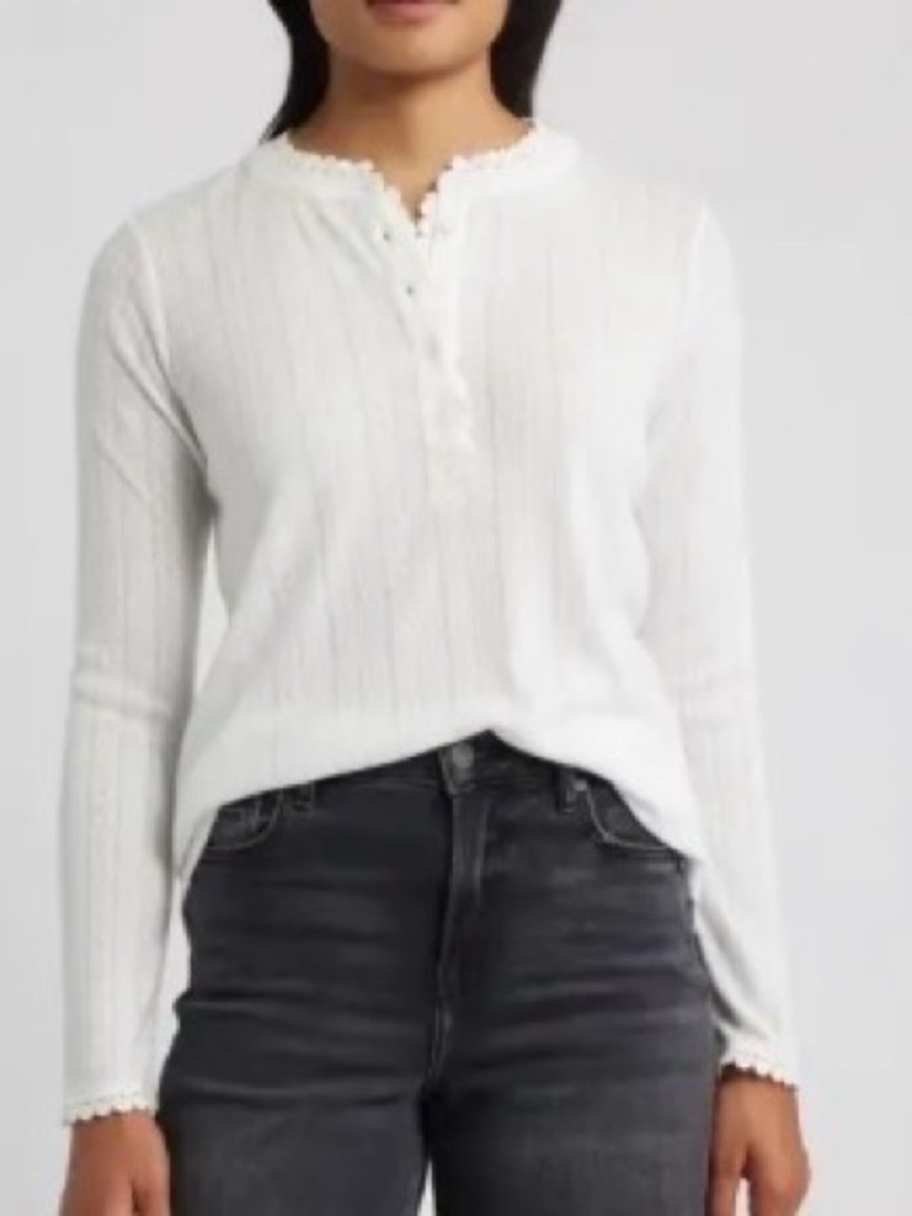 Gibsonlook White Long-Sleeve Pointelle Henley Top